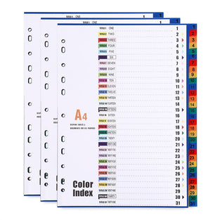 A4 Plastic Binder Dividers 31 Part (Pack of 3), Multicolor Index Number 1-31 Tabs A4 File Subject Dividers, Reinforced 11-Hole Fits Most 2/3/4 Ring Binder