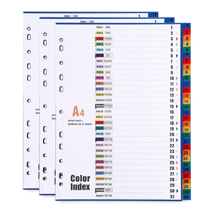 A4 Plastic Binder Dividers 31 Part (Pack of 3), Multicolor Index Number 1-31 Tabs A4 File Subject Dividers, Reinforced 11-Hole Fits Most 2/3/4 Ring Binder