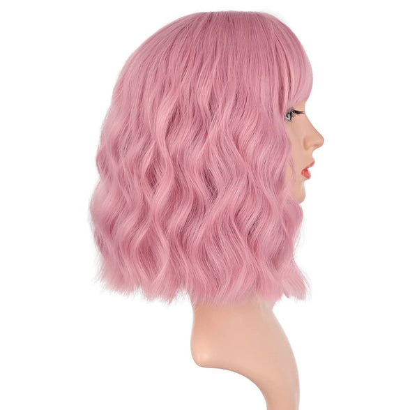 Wig Short Curly Wavy Bob Wigs for Women Blue Wig with Bang Shoulder Length Synthetic Cosplay Party Wig Colored Wigs for Women Girls (Pink)