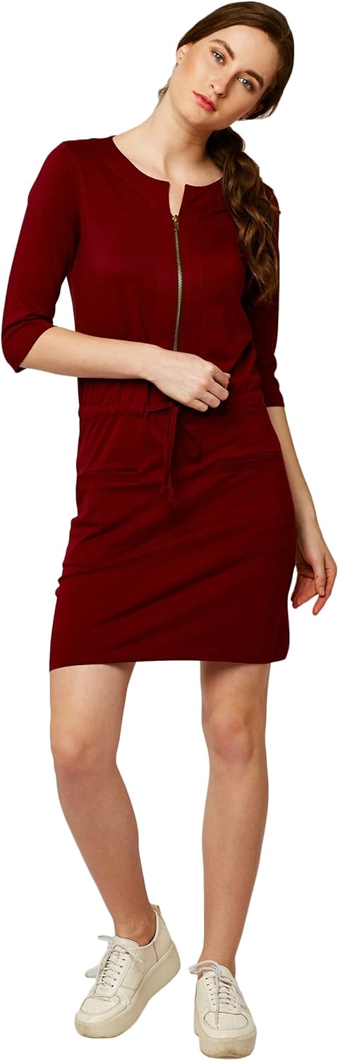 Miss Olive Cotton Women's Round Neck 3/4 Sleeve Solid Shift Mini Dress