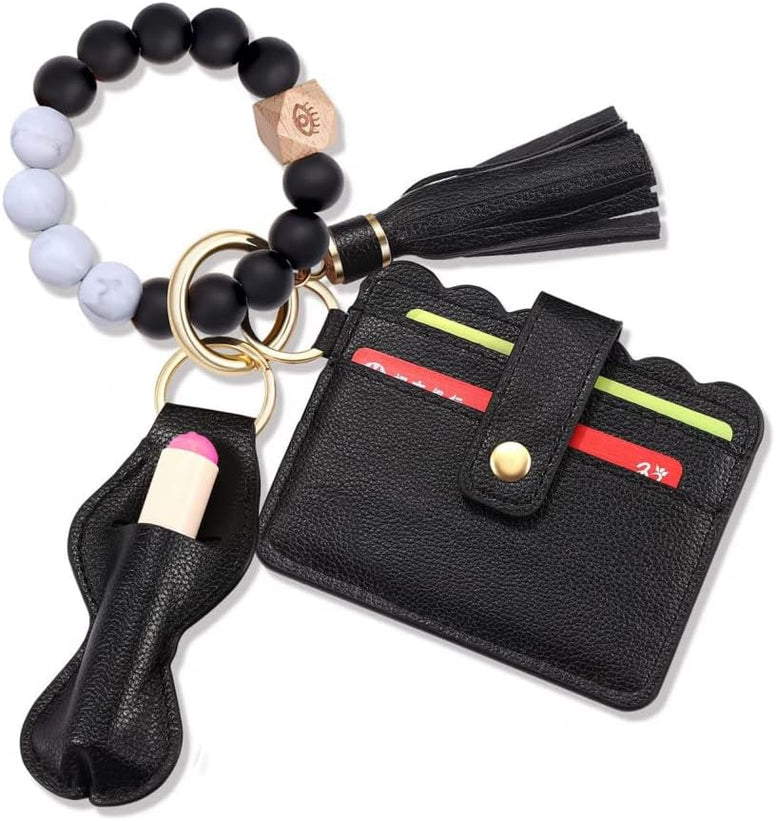 Goodern Wristlet Keychain Bracelet Wallet Leather Tassel Keychains,Silicone Beaded Key Ring Bracelet with Card Holder,Keychain Wallet Car Keychain,Elastic Keychain Wristlet for Women Men-Black White