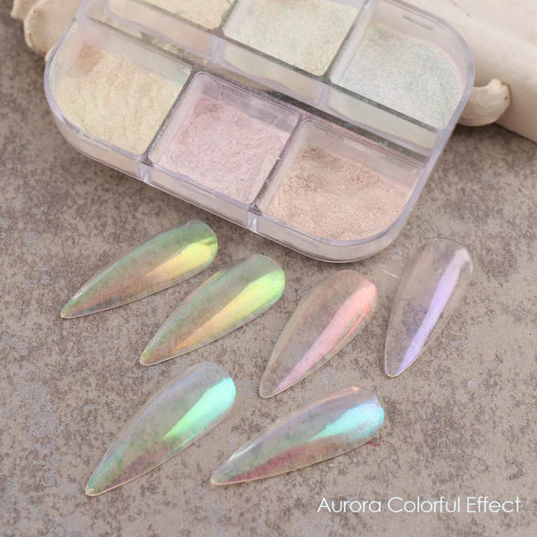 6 Colors Chrome Nail Powder Metallic Mirror Effect Aurora Magic White Pearl Chrome Nails Powder for Nail Art Gel Polish, Mica Powder Iridescent Nail Powder Manicure Pigment