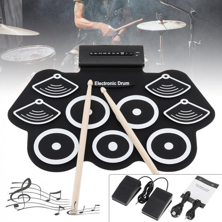 SKEIDO Portable 9 Pad Electronic Drum Kit with Sticks and Foot Pedals - Konix Complete Silicone Roll-Up Style Electric Drum Set