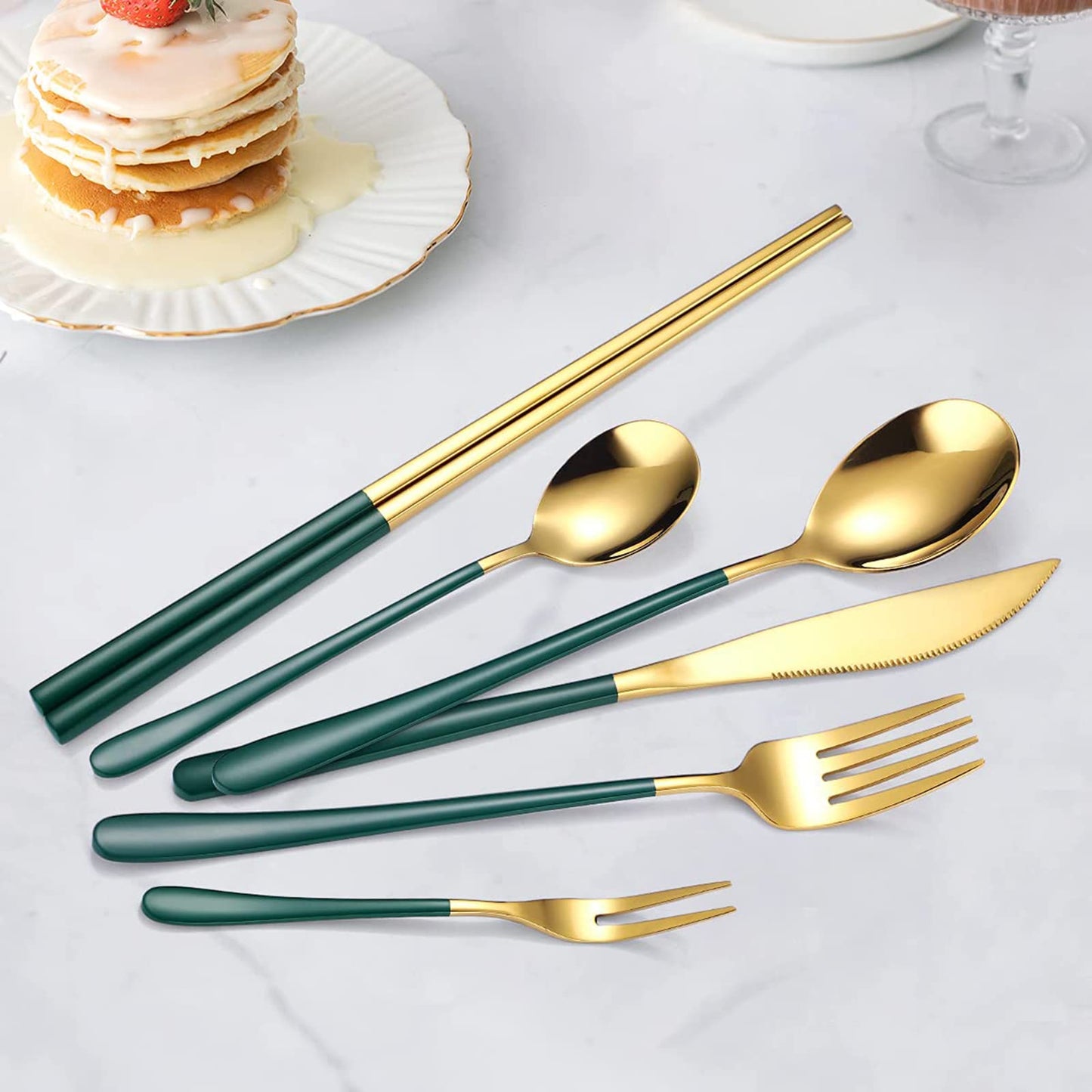 Portable Reusable Cutlery Set, Travel Utensils Set with Case, Stainless Steel Flatware Set Including Knife Fork Spoon Chopsticks Straws Brush, Dishwasher Safe (Green golden)