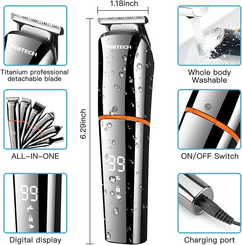 Hair Trimmers,Beard Trimmer,6 in 1 Kit Electric Cordless Nose Trimmer Mens Grooming Trimmer for Beard Head Face and Body Waterproof IPX7 USB Rechargeable LED Power Display by Pritech