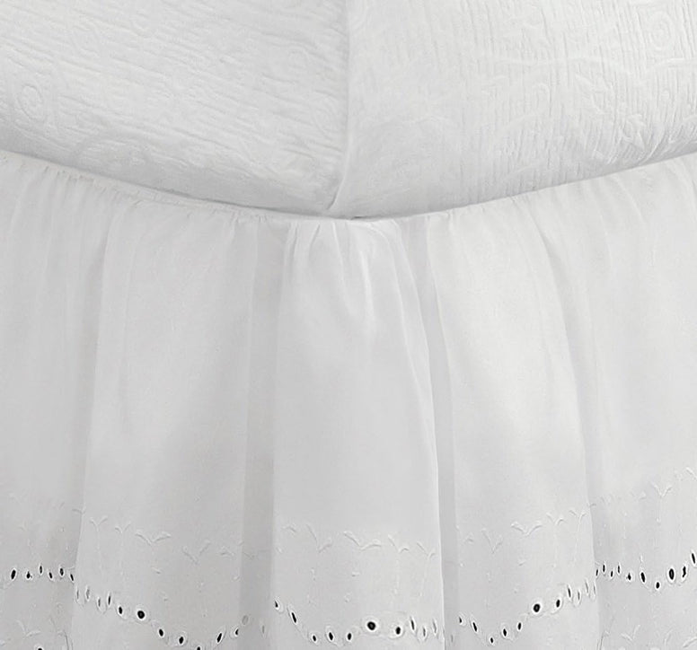 FRESH IDEAS Ideas Ruffled Eyelet Bed Skirt Dust Ruffle With Gathered Styling And Embroidered Details, 14" Drop Length, Queen, White