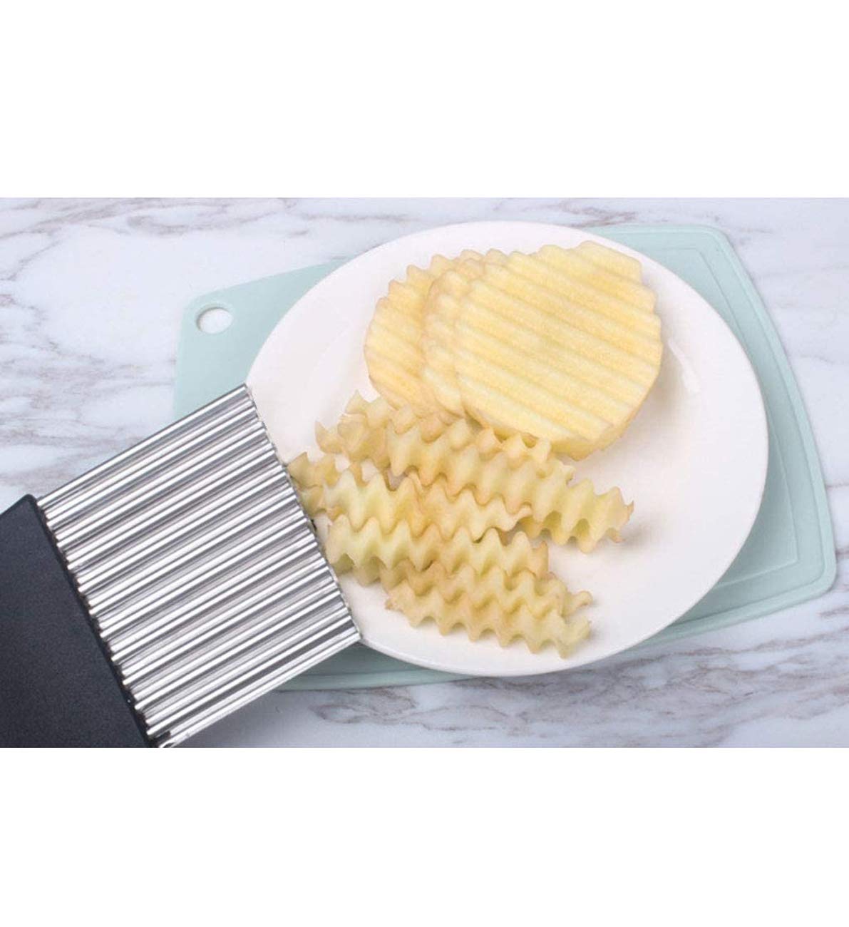 DELFINO Stainless Steel Crinkle Cutter Potato Chips Cutter Vegetable Wavy Blade Cutter French Fries Chips Chopping Knives for Chopping Potato Vegetable Fruit Waffle Fries (Black)