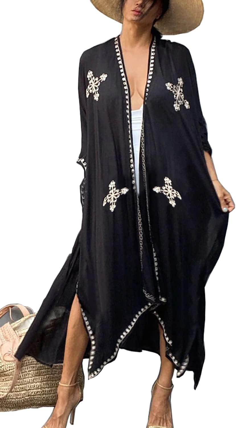 YouKD Summer Floral Loose Caftan Boho Beach Bikini Cover Up Dress Plus Size Robe for Women