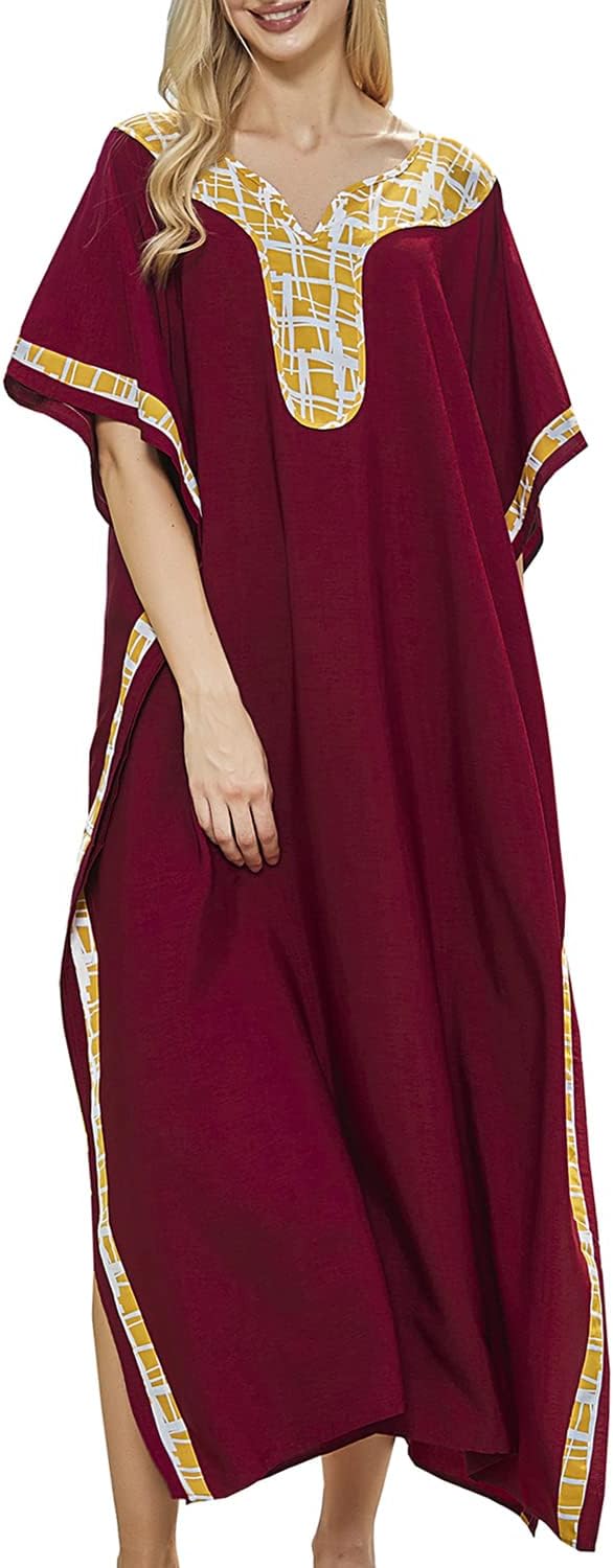 YouKD Maxi Dress V-Neck Kaftan Boho Robes Beach Cover-ups Dress Maxi Garment for Women