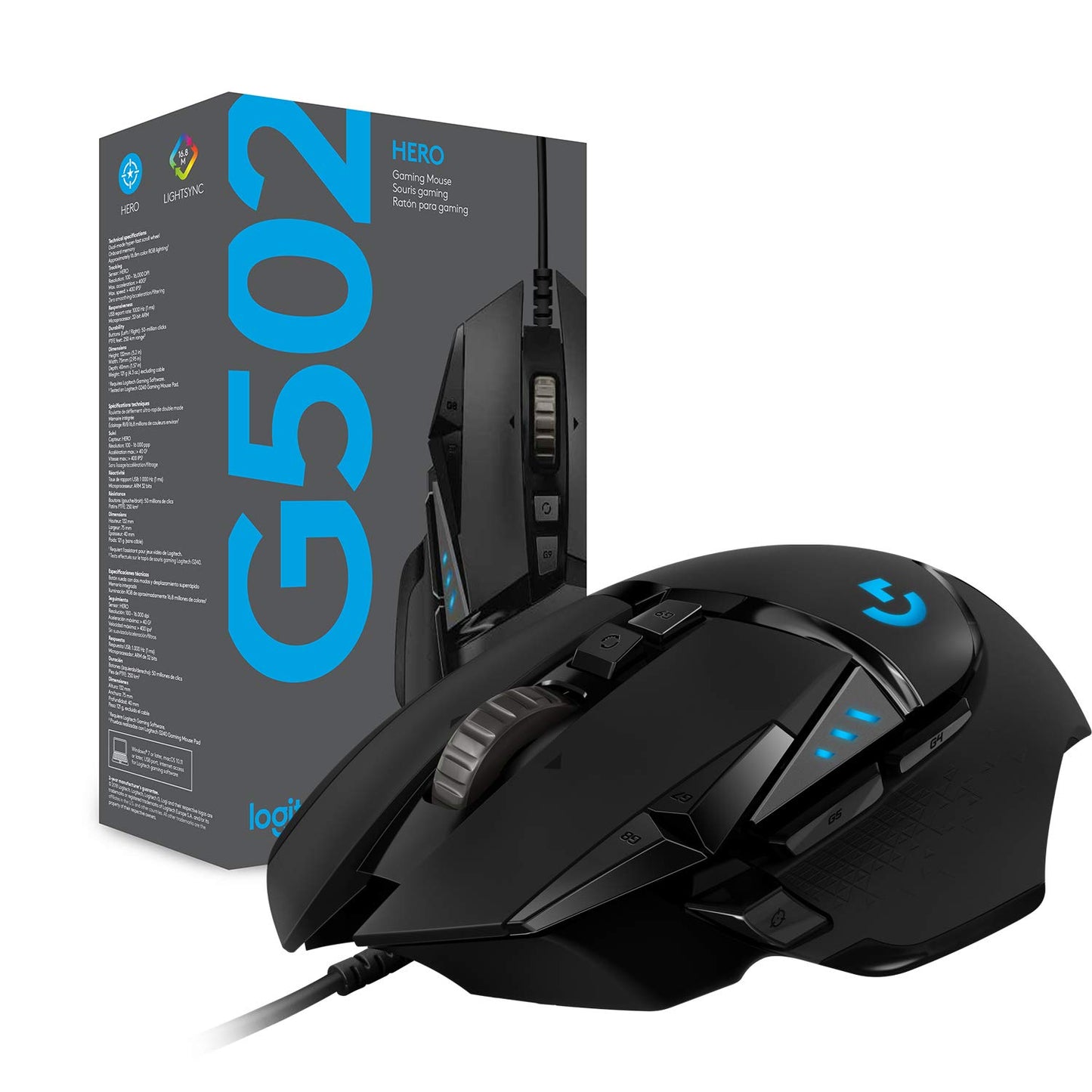 Logitech G502 HERO High Performance Wired Gaming Mouse, HERO 25K Sensor, 25,600 DPI, RGB, Adjustable Weights, 11 Programmable Buttons, On-Board Memory, PC/Mac, Black