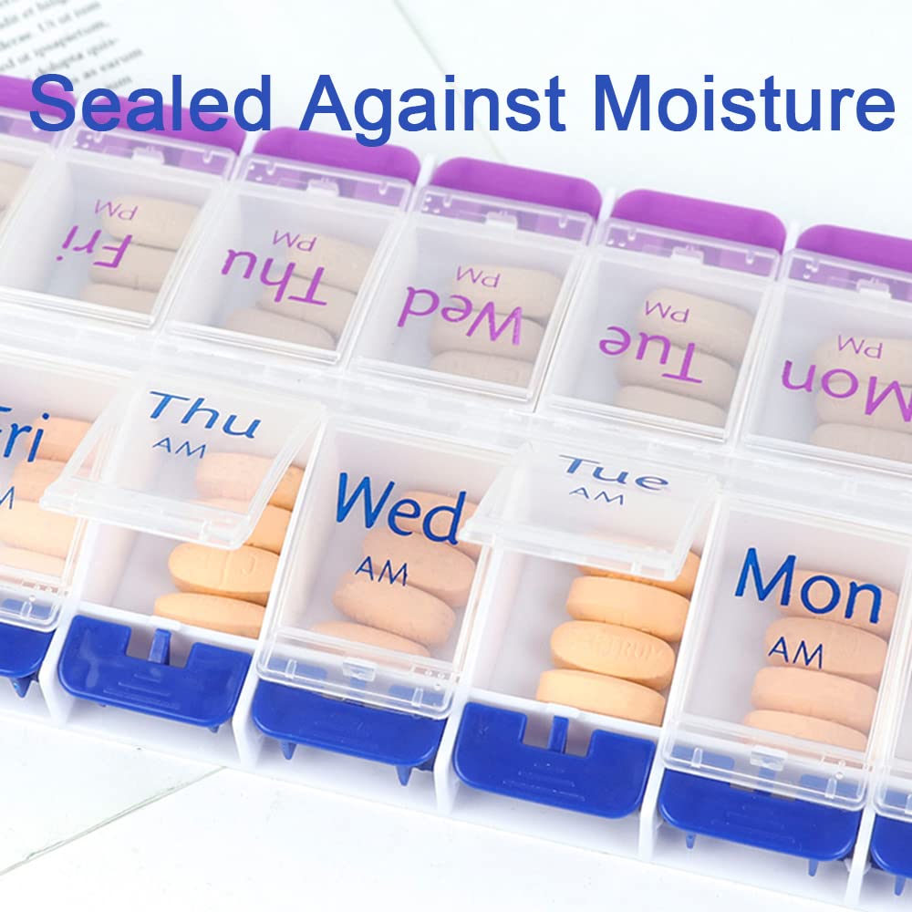 7 Day Pill Box Organiser with Opening Push Button, Pill Boxes 7 Day 2 Times a Day, Weekly Tablet Organiser Boxes 7 Day AM and PM, Medication Organizer Case for Vitamins (Blue-Purple)