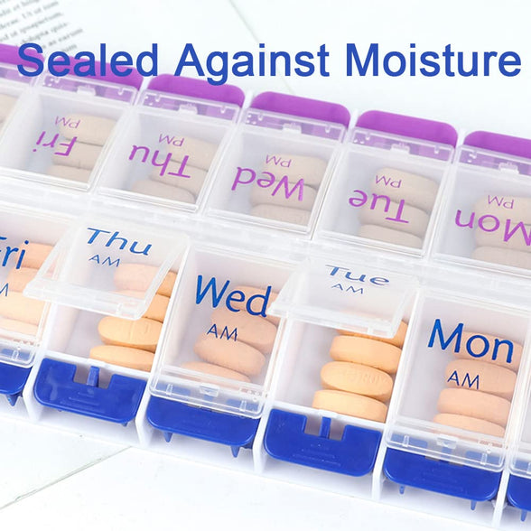 7 Day Pill Box Organiser with Opening Push Button, Pill Boxes 7 Day 2 Times a Day, Weekly Tablet Organiser Boxes 7 Day AM and PM, Medication Organizer Case for Vitamins (Blue-Purple)