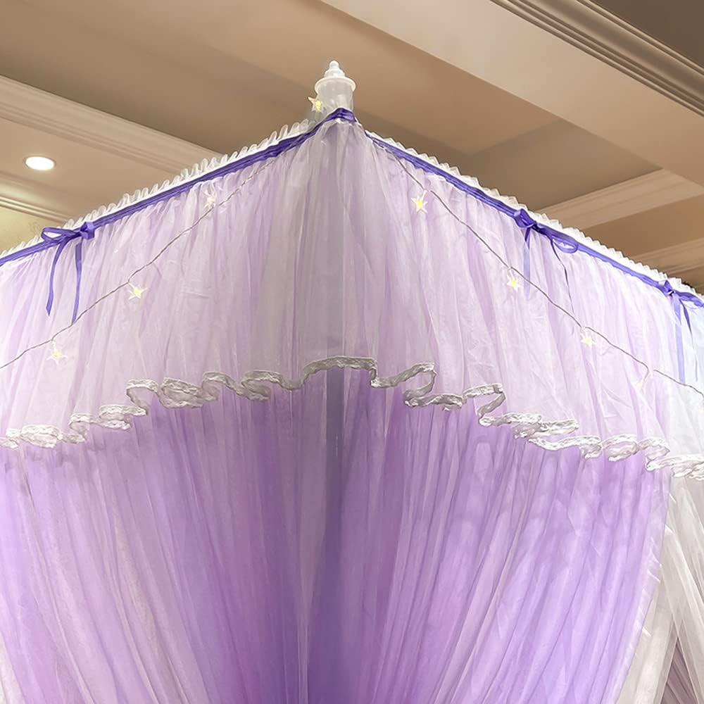 Mengersi Canopy Bed Curtains with Lights,4 Corner Bed Canopy Royal Luxurious Bed Drapes Netting,Princess Bed Curtains for Girls Adults Bedroom Decoration (Purple, Queen)