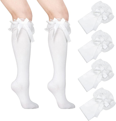 White Socks Girls, 4 Pairs Knee Bow High Bow Girls Socks School Girls Cotton Socks White Frilly over Knee Stockings Lace Ruffle Trim Socks School Uniform Party Casual Wear, One size