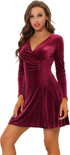 Allegra K Women's Velvet V Neck Wrap Ruched High Waist Long Sleeve Swing Party Cocktail Dress