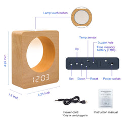 Digital Wooden LED Alarm Clock with Night Light,3 Alarm Settings, Humidity & Temperature Detect for Bedroom, Bedside, Desk, Kids