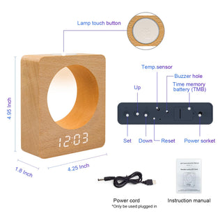 Digital Wooden LED Alarm Clock with Night Light,3 Alarm Settings, Humidity & Temperature Detect for Bedroom, Bedside, Desk, Kids
