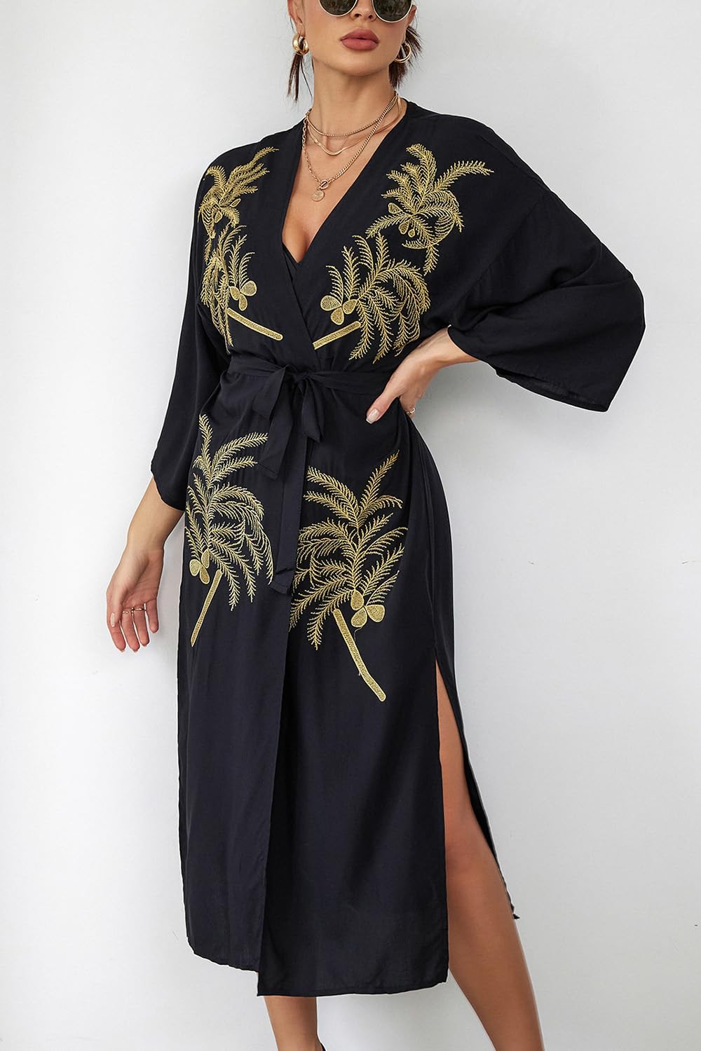 YouKD Embroidered Kaftan Dress Boho Beach Bikini Cover Up Robe Plus Size Loungewear for Women