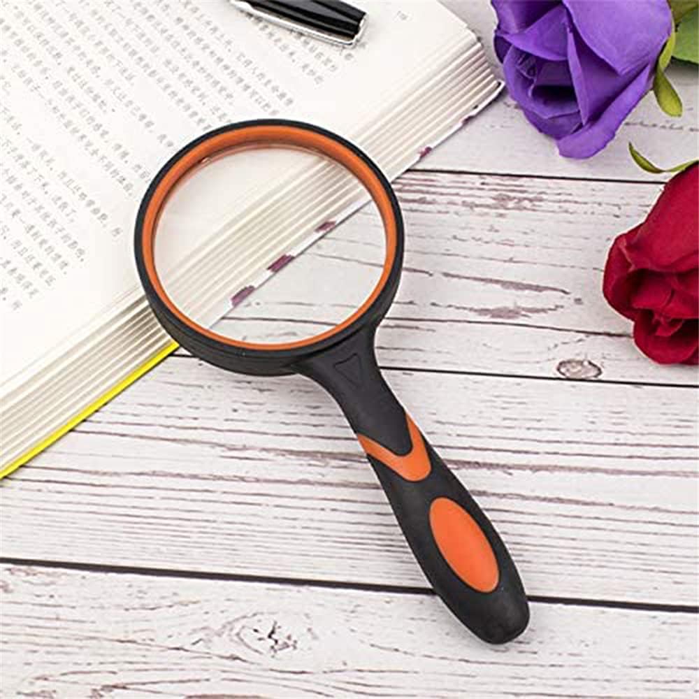 Handheld Magnifying Glass, ELECDON 10X Magnifying Glass 2 Pack 75mm, Shatterproof Reading Magnifier for Seniors and Kids with Non Slip Rubber Handle for Reading Hobbies Science (Orange and Green)