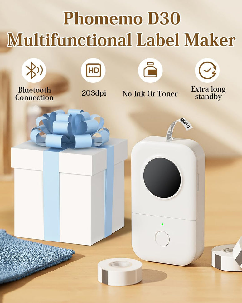Phomemo Label Maker Machine with Tape-Phomemo D30 Bluetooth Mini Portable Lable Printer,Labeler for Office Home Organization,for Android iOS,Gift for Men,Woman,Cute School Supplies,USB Rechargeable