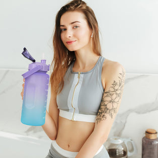 COOLBABY 2l Purple Water Bottle With Straw And Handle.Tie Dye Reusable Gym Water Jug With Time Encouraging Measurement Markings.Daily Hourly Goals Water Intake Bottle To Drink.