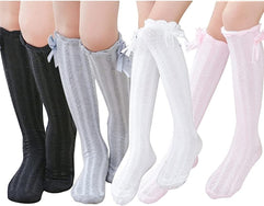 Girls Stockings, 4 Pairs Girl's Knee High Socks Over Calf Kids Overknee Stockings Bow Style,Lace Stocking Knit Knee High Cotton Socks for 2-12 Years