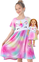 Play Tailor Doll and Girl Matching Nightgown Unicorn Outfit Pajamas Night Dress for Girls and 18" Dolls Clothes