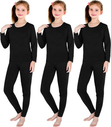 3 Set Girls Thermal Underwear Soft Long Johns Winter Thermal Top and Bottom with Fleece Lined Base Layer for Girls