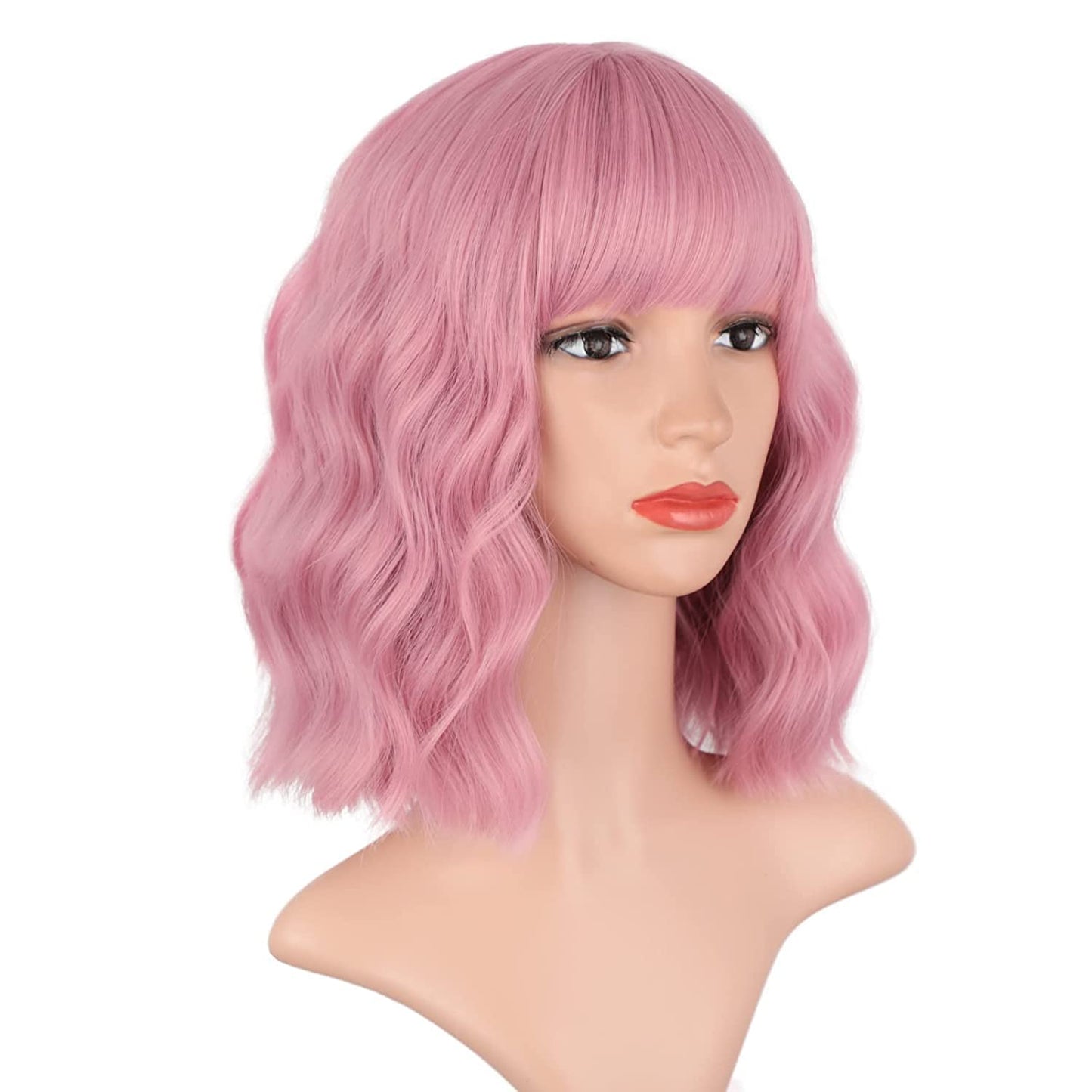 Wig Short Curly Wavy Bob Wigs for Women Blue Wig with Bang Shoulder Length Synthetic Cosplay Party Wig Colored Wigs for Women Girls (Pink)