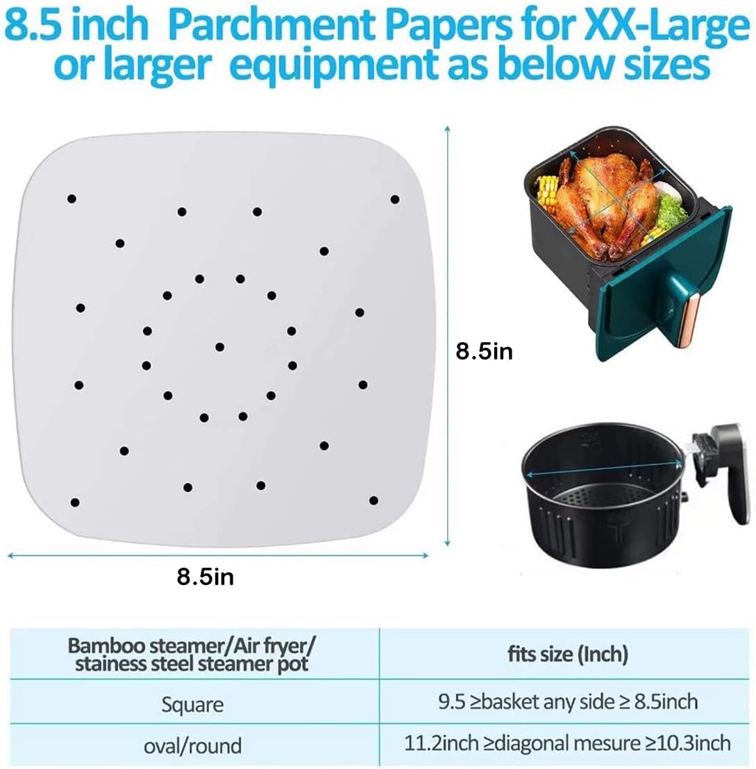 Air Fryer Parchment Paper Liners, 100Pcs 8.5inch Square Perforated Parchment Paper Sheets for Air Fryer, Premium Nonstick Bamboo Steamer Liner for Air Fryers, Steaming Basket, Oven, Baking, Cooking