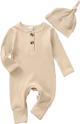 BULINGNA Newborn Infant Baby Boy Girl Long Sleeve Knit Ribbed Jumpsuit Solid Color Gender Neutral Baby Clothes with Hat(3-6M)