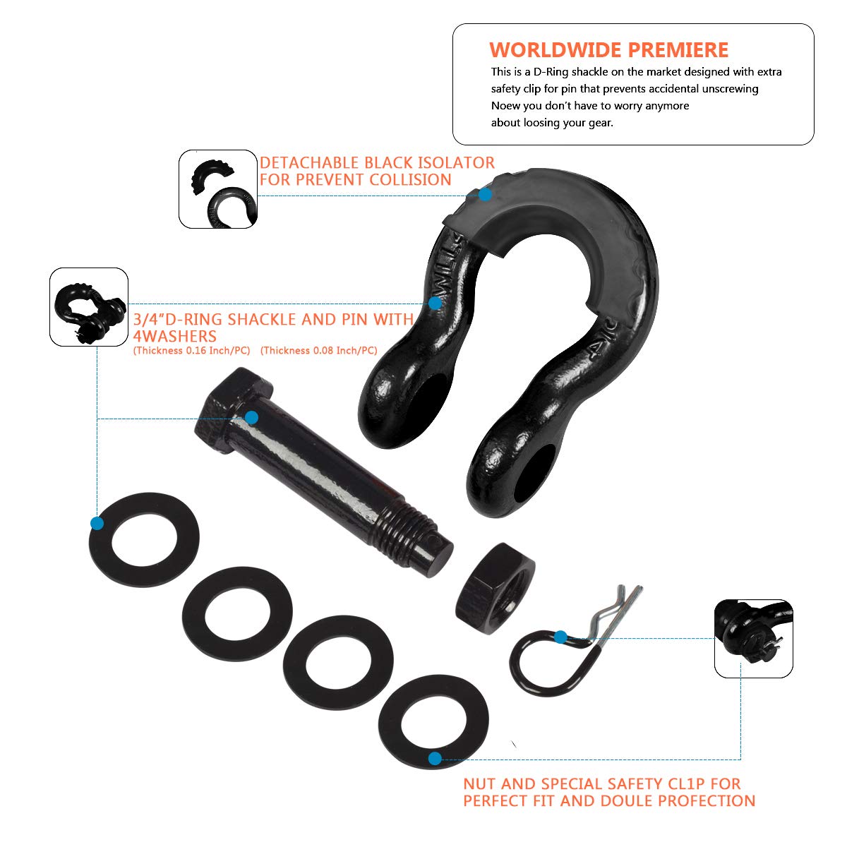 AMBULL Shackles 3/4 Inch D Ring Shackle (2 Pack) 41,850lb Break Strength with 7/8 Inch Pin, Isolator and Washer Kits for Use with Tow Strap, Winch, Off-Road Jeep Truck Vehicle Recovery (Black)