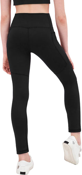 EXARUS Youth Girl's Athletic Leggings No Front Seam with Pockets Compression Pants Dance Running Active Yoga Tights