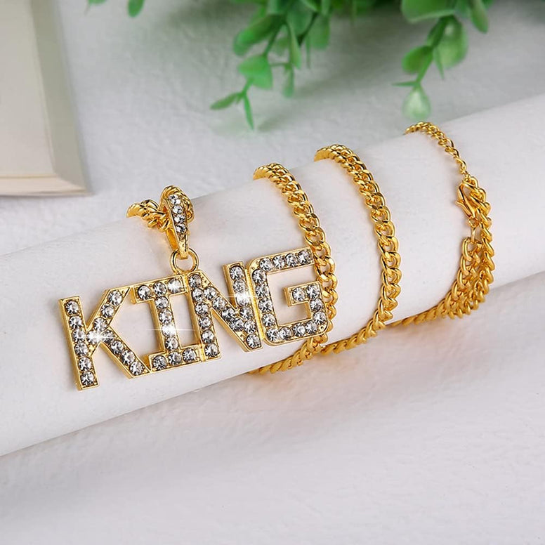 Liitata Hip Hop Gold Necklace King Sign Necklace Rock Star Rapper Punk Gold Chain King Pendant Chain 80s 90s Costume Accessory for Men Fancy Dress Carnival Theme Party