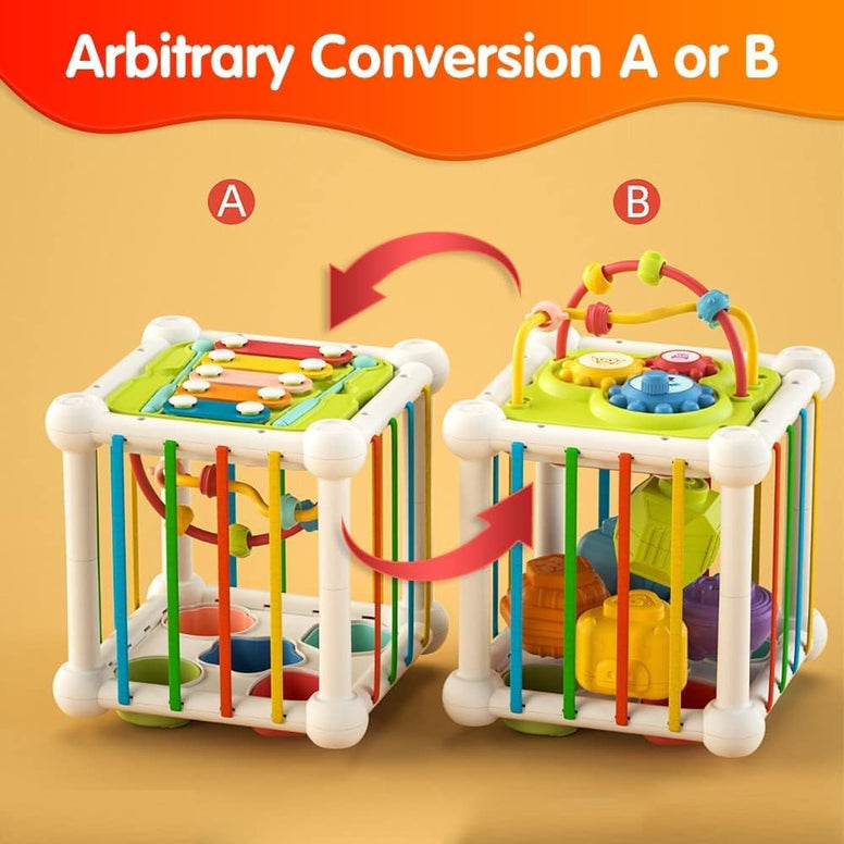 AM ANNA Shape Sorting Toys, Baby Sensory Bin Activity Cube with Elastic Bands,Montessori Colorful Cube Sensory Shape Blocks with Xylophone, Early Learning Infant Toys 12 Months+