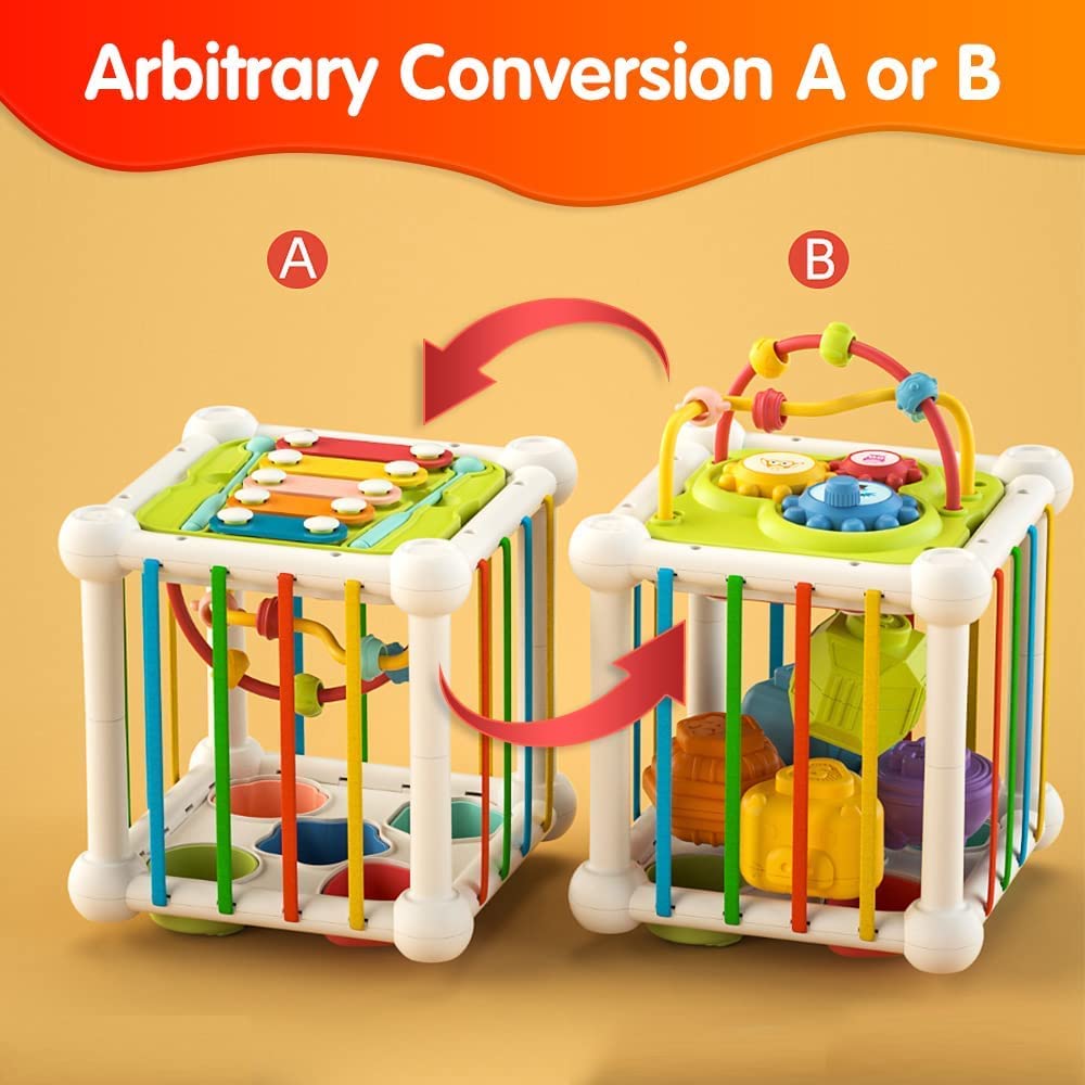 AM ANNA Shape Sorting Toys, Baby Sensory Bin Activity Cube with Elastic Bands,Montessori Colorful Cube Sensory Shape Blocks with Xylophone, Early Learning Infant Toys 12 Months+