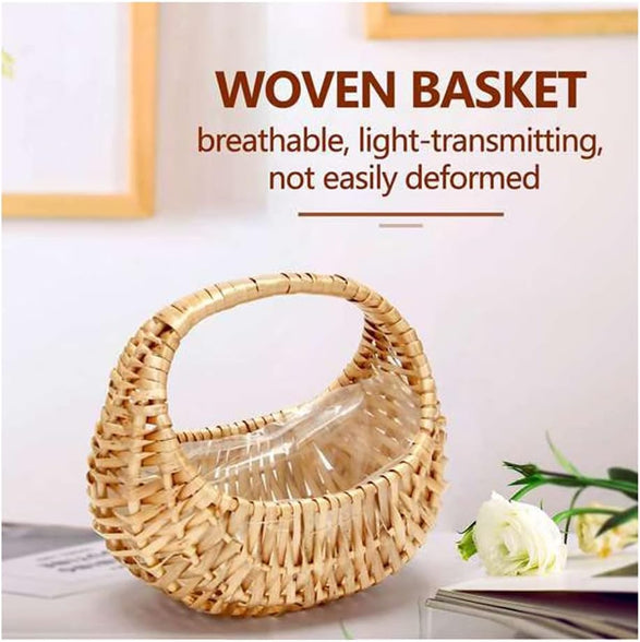 2 Pcs Small Basket with Handle Rattan, Half Moon Wicker Basket Willow Straw Basket Small Woven Basket with Handle Wedding Flower Girl Baskets Sturdy Picnic Basket for Garden Storage Home Decor
