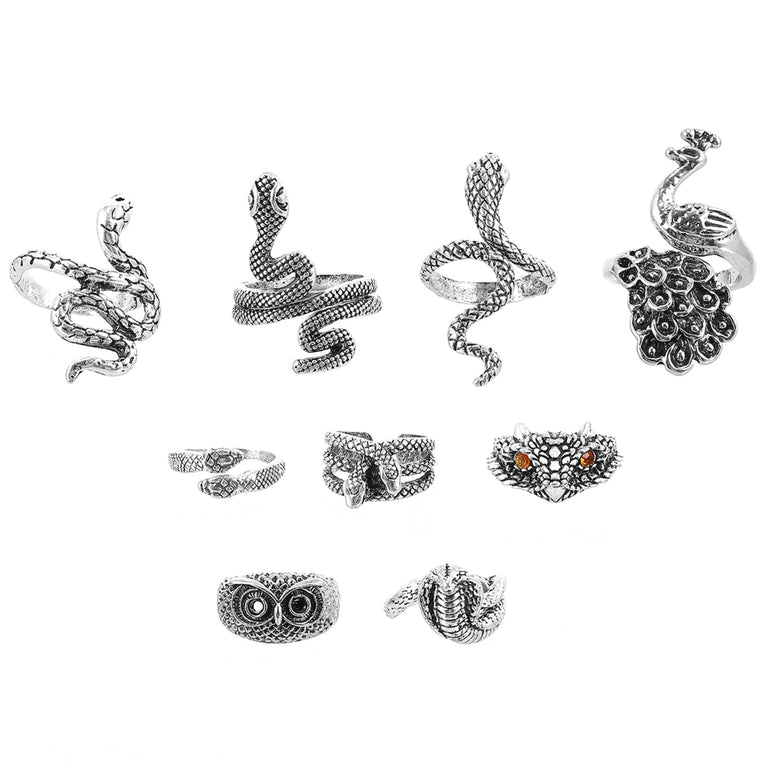 FOKFAO 27 pcs Jewelry Stylish Women Vintage Chic Adjustable Dragon Snake Style Decorative Animal Men Silver Eagle Shaped Punk Accessories Creative Rock Decorations Ring Open Costume