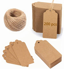 Kraft Paper Gift Tags 200 Pcs,TYTA Rectangle Craft Hang Tags with 20M Jute Twine for Arts and Crafts, Wedding Christmas Day Thanksgiving Valentine's Day (7 cm X 4 cm)