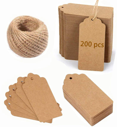 Kraft Paper Gift Tags 200 Pcs,TYTA Rectangle Craft Hang Tags with 20M Jute Twine for Arts and Crafts, Wedding Christmas Day Thanksgiving Valentine's Day (7 cm X 4 cm)