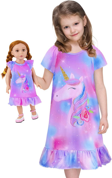 ICOSY Matching Girls & Doll Nightgowns Clothes Unicorn Pajamas Sleepwear Outfit for Girls and American 18" Girl Doll