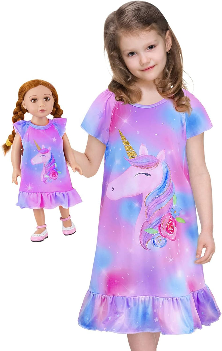 ICOSY Matching Girls & Doll Nightgowns Clothes Unicorn Pajamas Sleepwear Outfit for Girls and American 18" Girl Doll