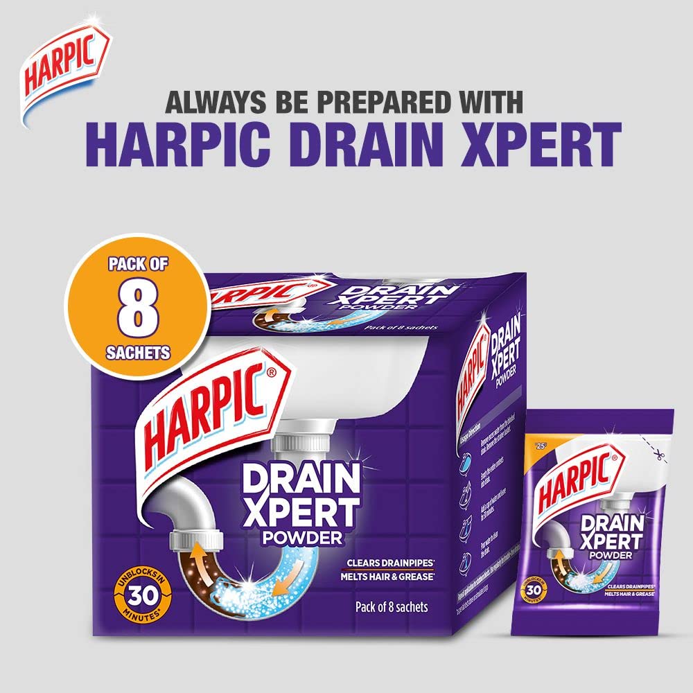 Harpic Drain Xpert Drain Cleaner Powder 50g | Effective sink cleaner, drain blockage remover, drain pipe cleaner