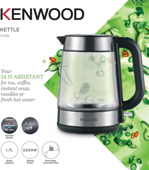 KENWOOD Glass Kettle 1.7L Cordless Electric Kettle 2200W with Auto Shut-Off & Removable Mesh Filter ZJG08.000CL Clear/Silver/Black