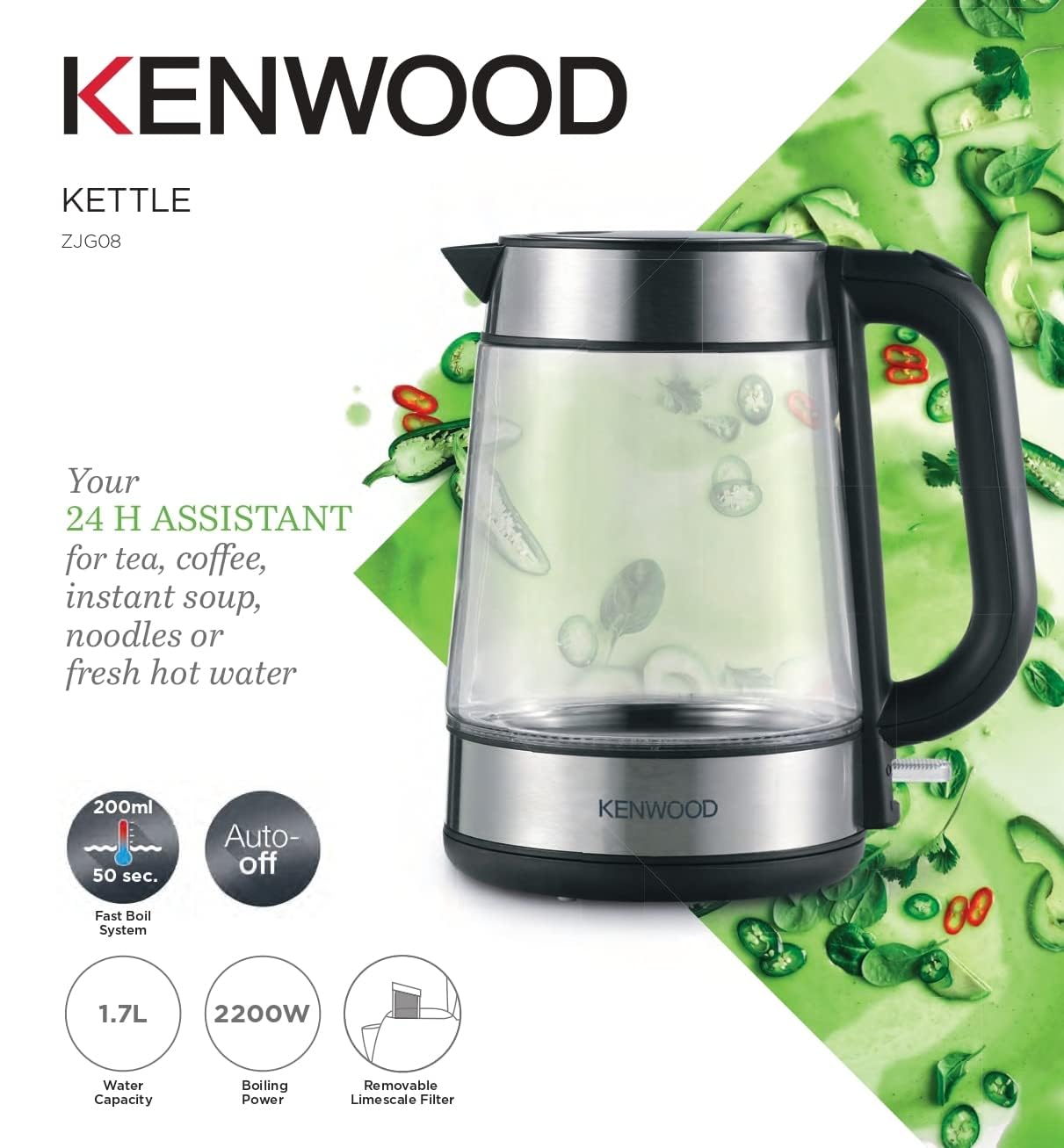 KENWOOD Glass Kettle 1.7L Cordless Electric Kettle 2200W with Auto Shut-Off & Removable Mesh Filter ZJG08.000CL Clear/Silver/Black