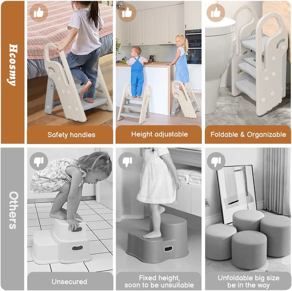 Hcosmy Foldable Toddler Step Stop for Bathroom Sink, Adjustable 3 Step Stool for Kids Toilet Potty Training Stool, Child Kitchen Counter Stool Helper, Plastic Ladder for Toddlers (grey)