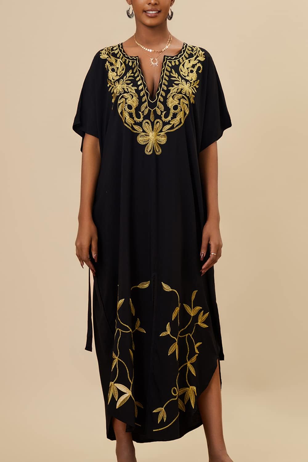 YouKD Embroidered Kaftan Dress Boho Beach Bikini Cover Up Robe Plus Size Loungewear for Women