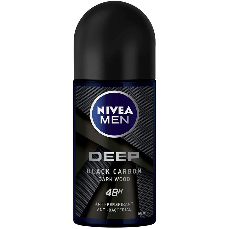 NIVEA MEN Antiperspirant Roll-on for Men, 48h Protection, DEEP Black Carbon Antibacterial, Woody Scent, 50ml