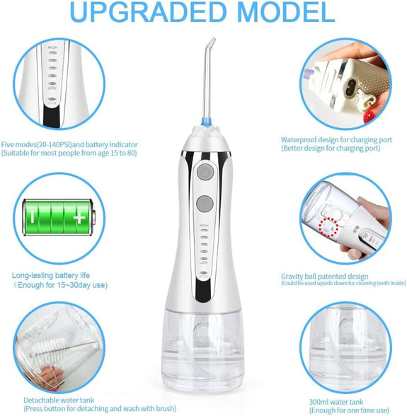 H2ofloss (white) - H2ofloss Cordless Water Flosser with 30 Days Battery Life, Premium Water Floss for Teeth, Portable Dental Flosser in 5 Modes, Gravity Ball for Upside Down Use, 300ml Water Tank