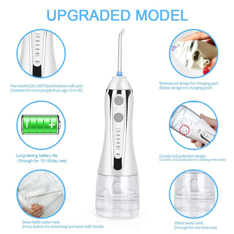 H2ofloss (white) - H2ofloss Cordless Water Flosser with 30 Days Battery Life, Premium Water Floss for Teeth, Portable Dental Flosser in 5 Modes, Gravity Ball for Upside Down Use, 300ml Water Tank